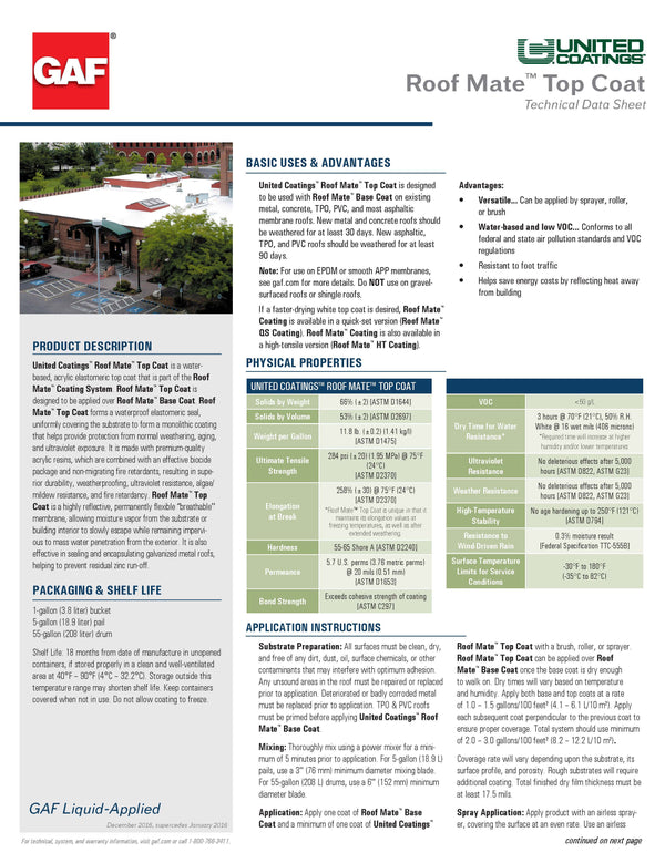 Acrylic Top Coat (Formerly RoofMate TopCoat Elastomeric Acrylic) (15-Year Limited Warranty)